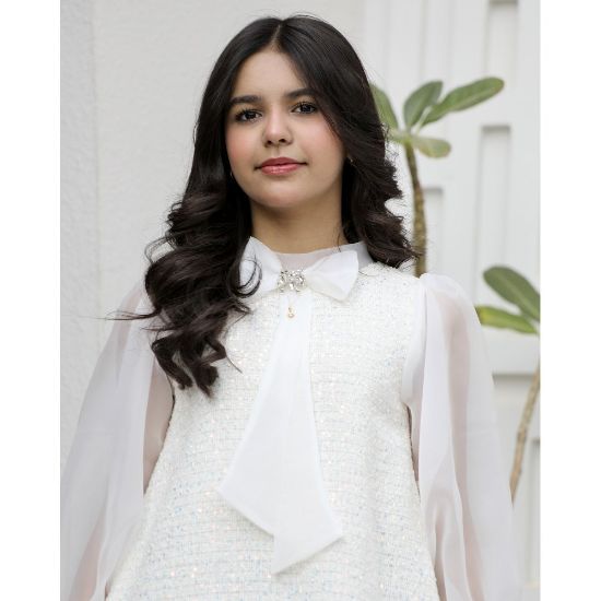 صورة فستان بناتي فاخر بفيونكة رقبة ذيلية وأكمام شفافة - M3805